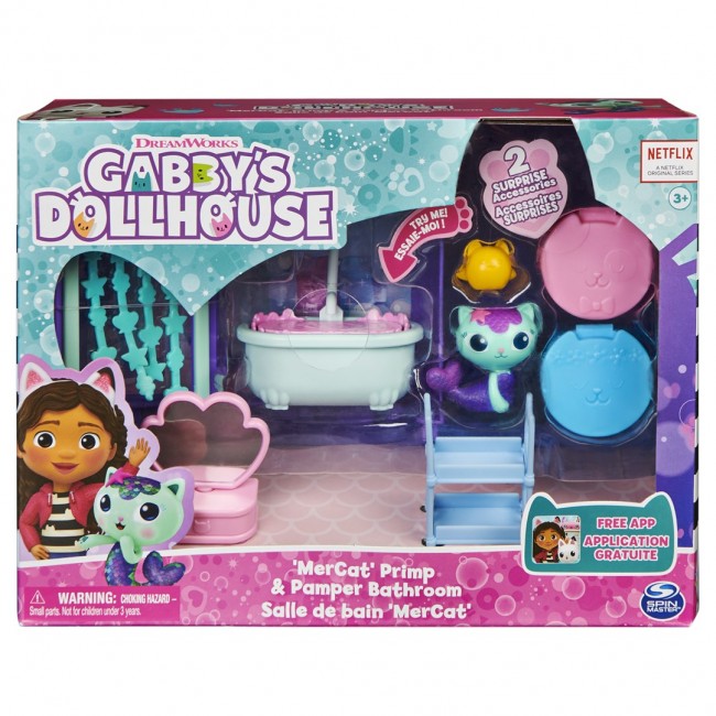 Gabby's Dollhouse Primp and Pamper Bathroom with MerCat Figure, 3 Accessories, 3 Furniture and 2 Deliveries, Kids Toys for Ages 3 and up Gabby's Dollhouse Primp and Pamper Bathroom with MerCat Figure, 3 Accessories, 3 Furniture and 2 Deliveries, Kids Toys for Ages 3 and up