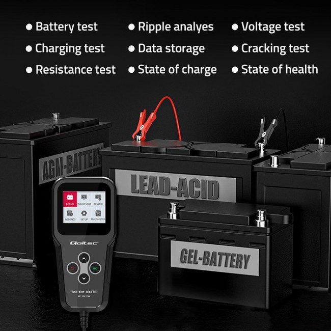 Qoltec Digital 3-in-1 Battery Tester with LCD | Polish Menu | 6V | 12V | 24V | 10Ah-200Ah