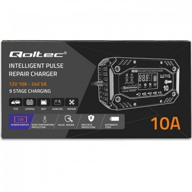 Qoltec 52482 Intelligent charger for STD AGM GEL LiFePO4 | Battery charger with repair function |12-24V |10A | LCD | 9 - stage charging