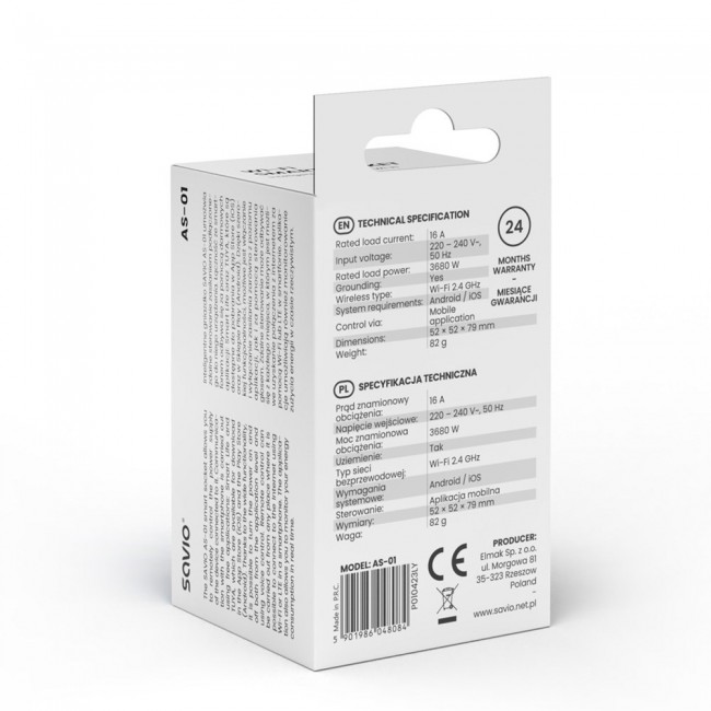 SAVIO WI-FI smart socket, 16A, AS-01, White SAVIO WI-FI smart socket, 16A, AS-01, White