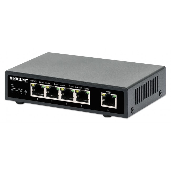 Intellinet 5-Port Gigabit Ethernet PoE+ Switch, Four PSE PoE Ports, IEEE 802.3at/af (PoE+/PoE) Compliant, PoE Power Budget up to 62 W, Desktop Format Intellinet 5-Port Gigabit Ethernet PoE+ Switch, Four PSE PoE Ports, IEEE 802.3at/af (PoE+/PoE) Compliant, PoE Power Budget up to 62 W, Desktop Format