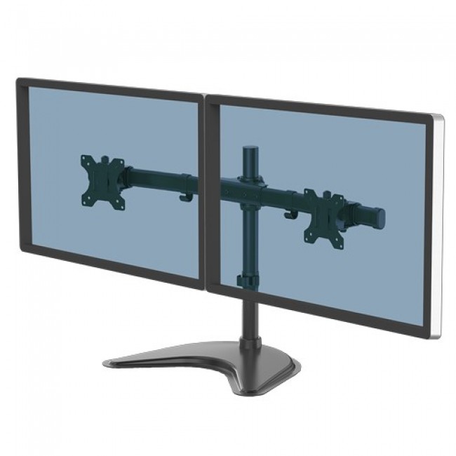 Fellowes Seasa Dual Monitor Arm - Freestanding Monitor Mount for 8KG 27 inch Screens - Ergonomic Adjustable Monitor Arm - Tilt 45 Pan 120 Rotation 360 , VESA 75 x 75/100 x 100 - Black