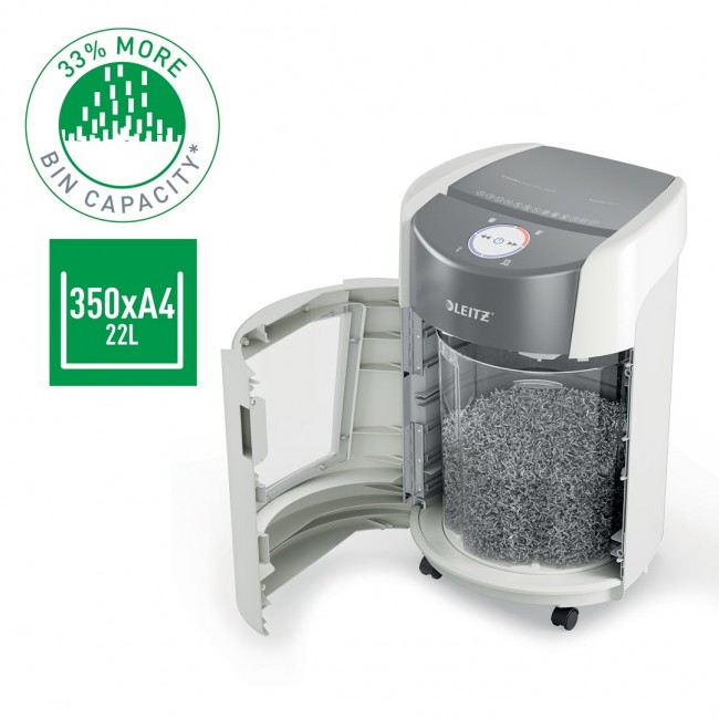 Leitz IQ OptiMax Small Office 350 Micro Cut Paper Shredder Security P5 22L - White Leitz IQ OptiMax Small Office 350 Micro Cut Paper Shredder Security P5 22L - White
