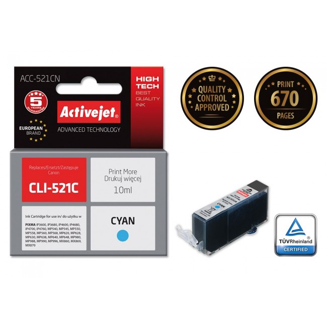 Activejet ACC-521CN Ink cartridge (replacement for Canon CLI-521C Supreme 10 ml cyan)