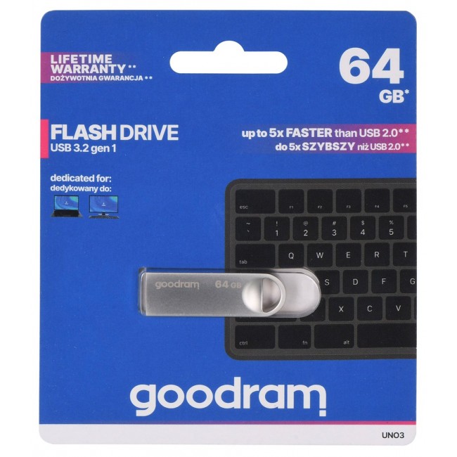 Goodram USB UNO3-0640S0R11 USB flash drive 64 GB USB Type-A 3.2 Gen 1 (3.1 Gen 1) Silver Goodram USB UNO3-0640S0R11 USB flash drive 64 GB USB Type-A 3.2 Gen 1 (3.1 Gen 1) Silver