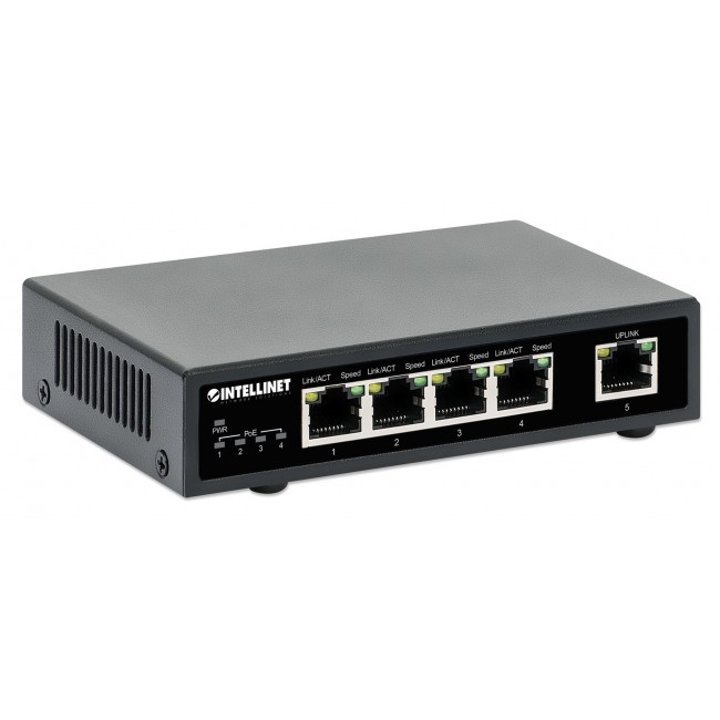 Intellinet 5-Port Gigabit Ethernet PoE+ Switch, Four PSE PoE Ports, IEEE 802.3at/af (PoE+/PoE) Compliant, PoE Power Budget up to 62 W, Desktop Format Intellinet 5-Port Gigabit Ethernet PoE+ Switch, Four PSE PoE Ports, IEEE 802.3at/af (PoE+/PoE) Compliant, PoE Power Budget up to 62 W, Desktop Format