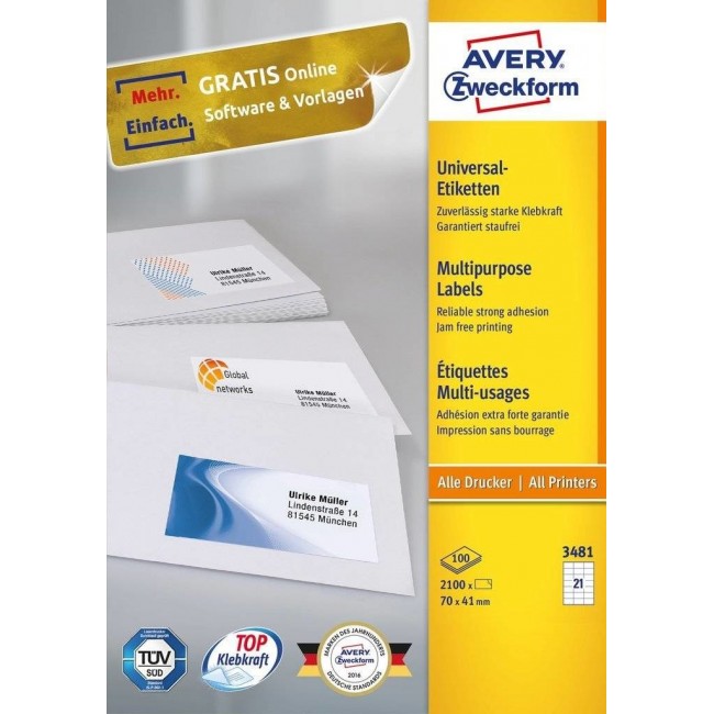 Avery 3481 self-adhesive label Rectangle Permanent White 2100 pc(s) Avery 3481 self-adhesive label Rectangle Permanent White 2100 pc(s)