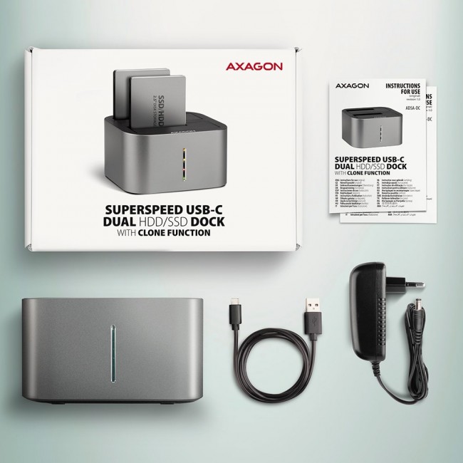AXAGON ADSA-DC USB3.2 Gen1 - 2x SATA 6G CLONE DUAL HDD Dock Station ASMedia AXAGON ADSA-DC USB3.2 Gen1 - 2x SATA 6G CLONE DUAL HDD Dock Station ASMedia