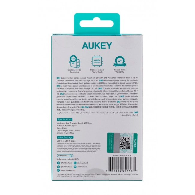 AUKEY CB-CD30 USB cable 0.9 m USB A USB C Black