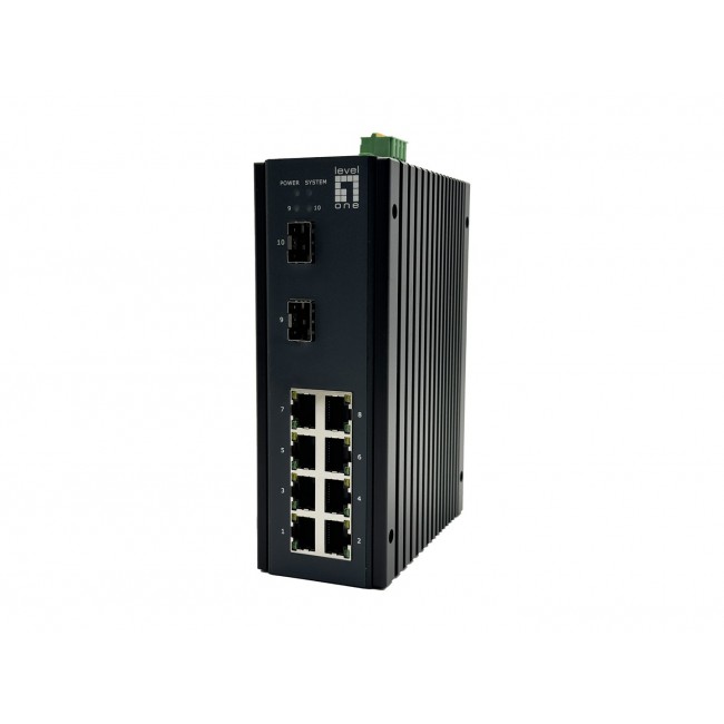 LevelOne 10-Port L2 Plus Managed Gigabit Industrial Switch, 8x 1GbE RJ45, 2x 1/2.5GbE SFP, DIN-Rail, -40 C to 75 C