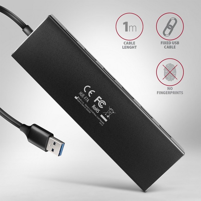 Axagon HUE-F7A 7x USB 3.2 Gen 1 ALU FLAT hub micro power IN 1m USB-A USB 3.2 Gen 1 (3.1 Gen 1) Type-A 5000 Mbit/s Black
