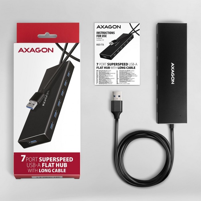 Axagon HUE-F7A 7x USB 3.2 Gen 1 ALU FLAT hub micro power IN 1m USB-A USB 3.2 Gen 1 (3.1 Gen 1) Type-A 5000 Mbit/s Black