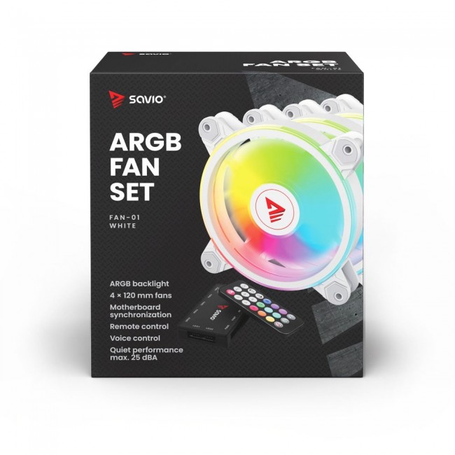 SAVIO FAN-01 WHITE 4-pack 120mm ARGB fan including controller and remote control SAVIO FAN-01 WHITE 4-pack 120mm ARGB fan including controller and remote control