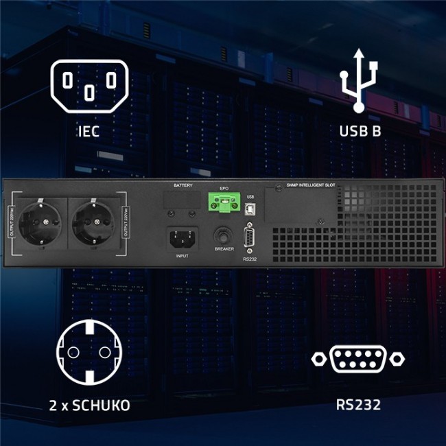Qoltec 52285 Uninterruptible Power Supply UPS for RACK | 1kVA | 1000W | Power factor 1.0 | LCD | EPO | USB | On-line Qoltec 52285 Uninterruptible Power Supply UPS for RACK | 1kVA | 1000W | Power factor 1.0 | LCD | EPO | USB | On-line