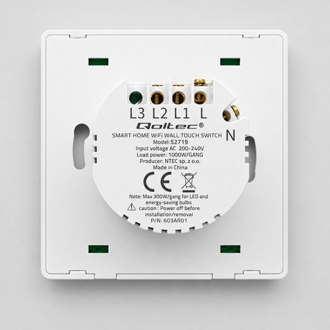 Qoltec 52719 Smart 1-Gang Light Switch | Wi-Fi | Timer | Tuya | Smart life | White
