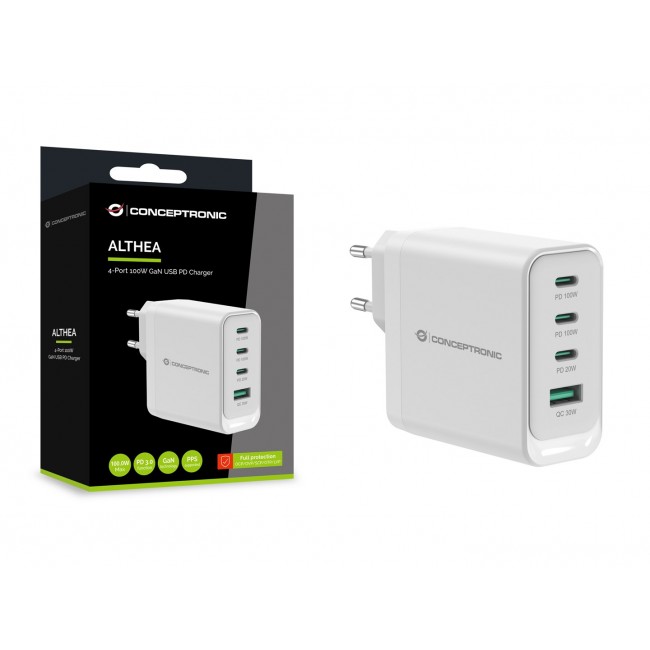 Conceptronic ALTHEA22W100 4-Port 100W GaN USB PD Charger, USB-C x 3, USB-A x 1, QC 3.0, PPS, PD 3.0