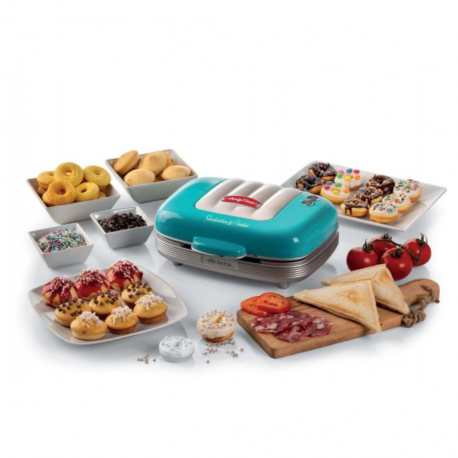 Ariete 1972 Sandwiches & Cookies Party Time, Multifunction Electric Griddle, 700 Watt, 3 non-stick and interchangeable plates, Blue