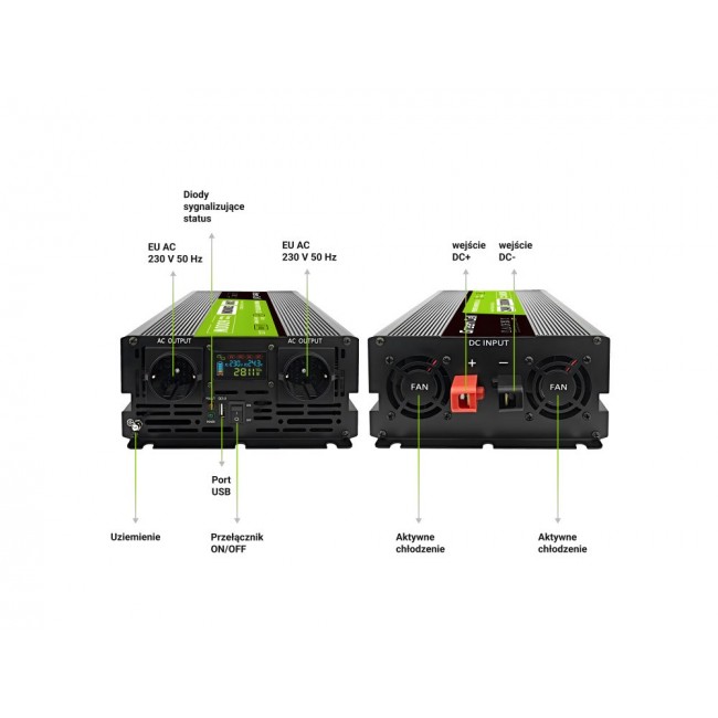 Green Cell Przetwornica napicia PowerInverter LCD 24 V 3000W/60000W Przetwornica samochodowa z wywietlaczem - czysty sinus power adapter/inverter Auto Black Green Cell Przetwornica napicia PowerInverter LCD 24 V 3000W/60000W Przetwornica samochodowa z wywietlaczem - czysty sinus power adapter/inverter Auto Black