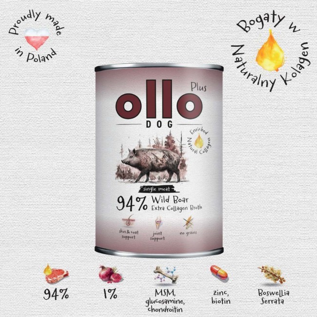 OLLO Plus Collagen Mono Wild boar - wet dog food - 800g