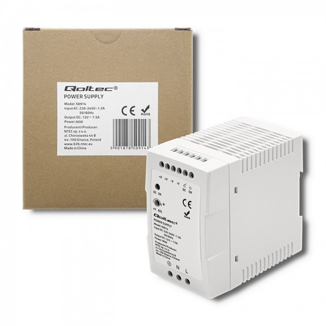 Qoltec 50914 DIN rail power supply | 90W | 12V | 7.5A | White | Slim Qoltec 50914 DIN rail power supply | 90W | 12V | 7.5A | White | Slim