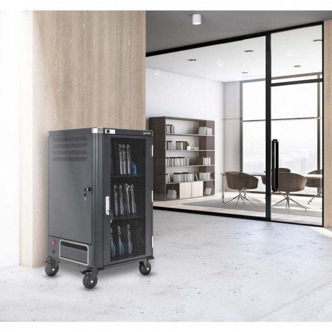 Manhattan Laptop Charging Cart/Trolley via AC Adapter (EU) 30-bay, Install device's AC Adapter (power cables) into unit, Suitable for ALL laptops (to 16