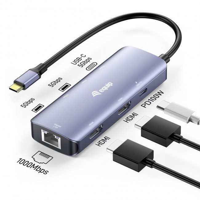 Equip USB-C 7-in-1 MST Multifunctional Adapter, Dual HDMI 4K/30Hz, Gigabit Ethernet, 100W USB-C PD, USB-C (5Gbps) x 1, USB-A (5Gbps) x 2