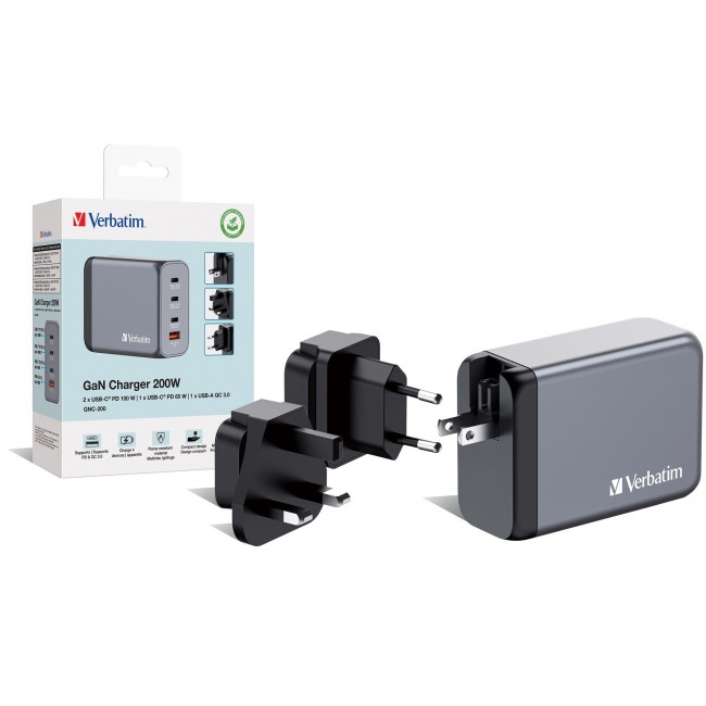 Verbatim GNC-200 GaN Charger 200W with 2 x USB-C PD 100W / 1 x USB-C PD 65W / 1 x USB QC 3.0 (EU/UK/US) Verbatim GNC-200 GaN Charger 200W with 2 x USB-C PD 100W / 1 x USB-C PD 65W / 1 x USB QC 3.0 (EU/UK/US)