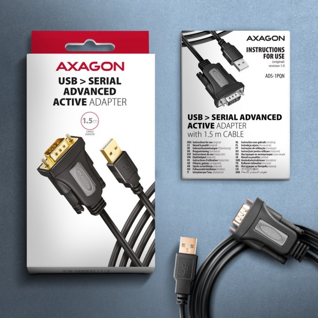 Axagon ADS-1PQN USB-A 2.0 - serial RS-232 DB9-M FTDI adapter cable 1.5m - Adapter - Digital/Daten serial cable Black USB Type-A