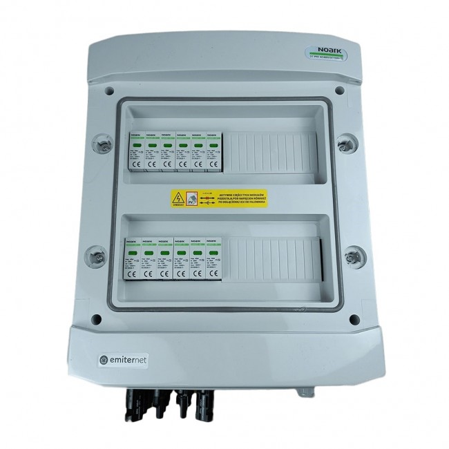 Switchgear attached DC hermetic IP65 EMITTER with Noark 1000V type 2 DC surge arrester, 4x PV string, 4x MPPT
