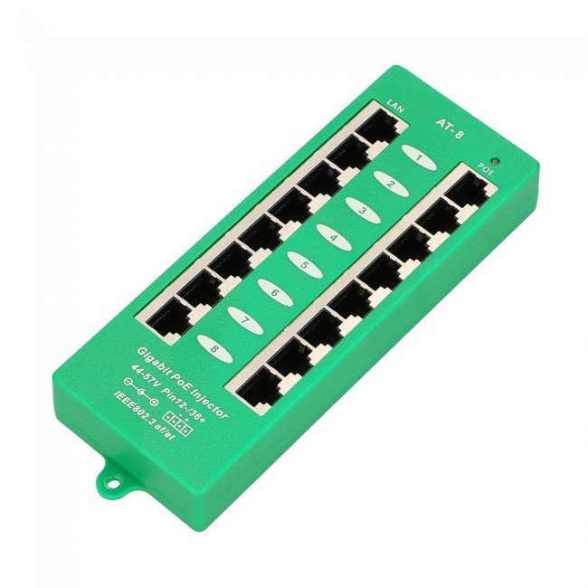 Extralink Gigabit PoE Injector 8 Port Active, 8 ports Gigabit 802.3at/af, Mode A