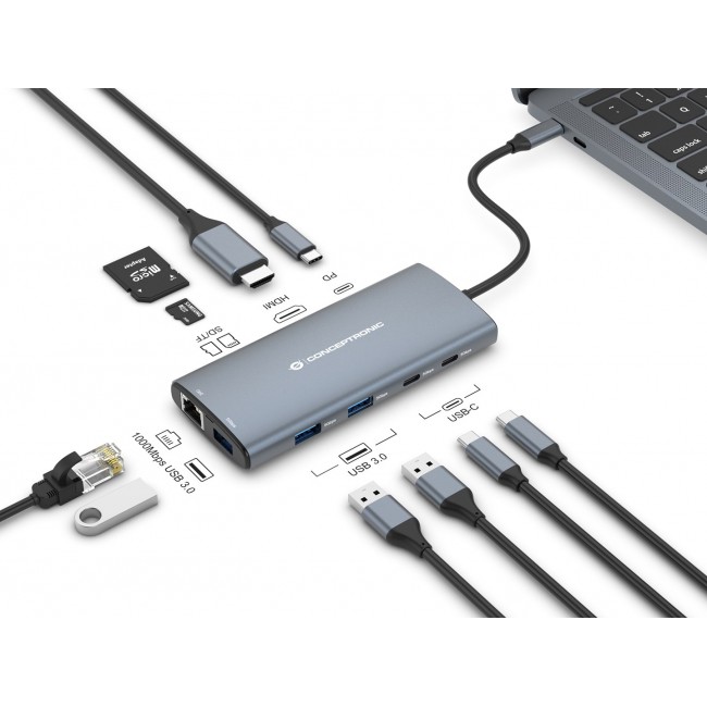 Conceptronic DONN06G 10-in-1 USB 3.2 Gen 1 Docking Station, HDMI, 100W USB PD, USB-C 5Gbps x 2, USB-A 5Gbps x 3, SD, TF/MicroSD, GbE