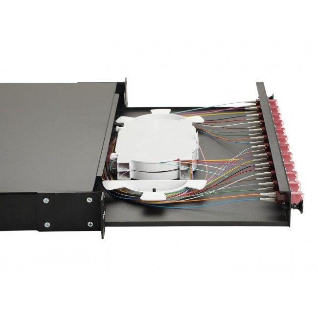 Equip 12-Port Fiber Optic Splice Box, LC Duplex,OM4, 1U, Equipped, Black