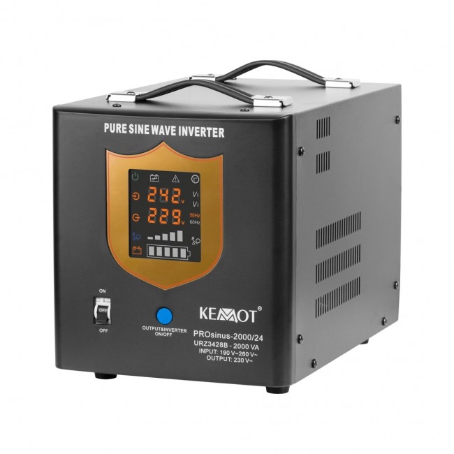 Uninterruptible power supply KEMOT PROsinus-2000/24 converter with pure sine wave and charging function 24V 230V 2000VA/1400W - black color Uninterruptible power supply KEMOT PROsinus-2000/24 converter with pure sine wave and charging function 24V 230V 2000VA/1400W - black color