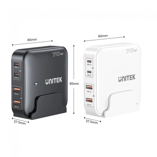 GaN network charger - Unitek P1228AWH01-EU | 70W 2x USB-C 2x USB-A