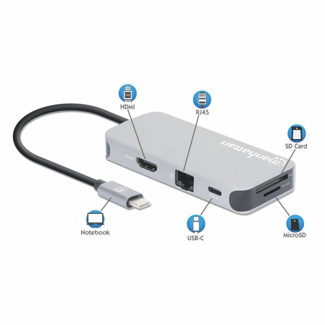 Manhattan USB-C Dock/Hub with Card Reader, Ports (x6): Ethernet, HDMI, USB-A (x3) and USB-C, With Power Delivery (100W) to USB-C Port (Note additional USB-C wall charger and USB-C cable needed), Universal for all devices, Cable 15cm, Aluminium, Silver