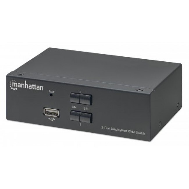 Manhattan DisplayPort 1.2 KVM Switch 2-Port, 4K@60Hz, USB-A/3.5mm Audio/Mic Connections, Cables included, Audio Support, Control 2x computers from one pc/mouse/screen, USB Powered, Black, Three Year Warranty