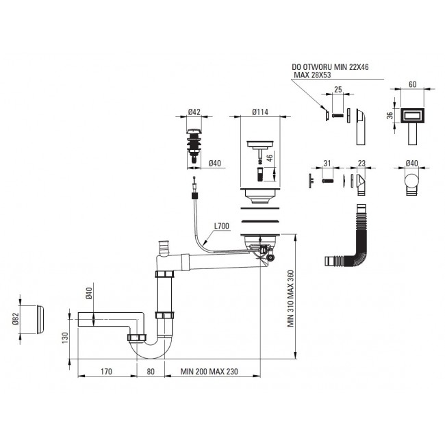 Siphon for 1-bowl granite sink - Space-Saver