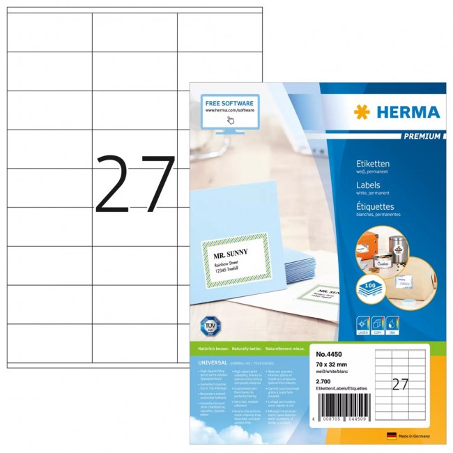 HERMA Labels Premium A4 70x32 mm white paper matt 2700 pcs. HERMA Labels Premium A4 70x32 mm white paper matt 2700 pcs.