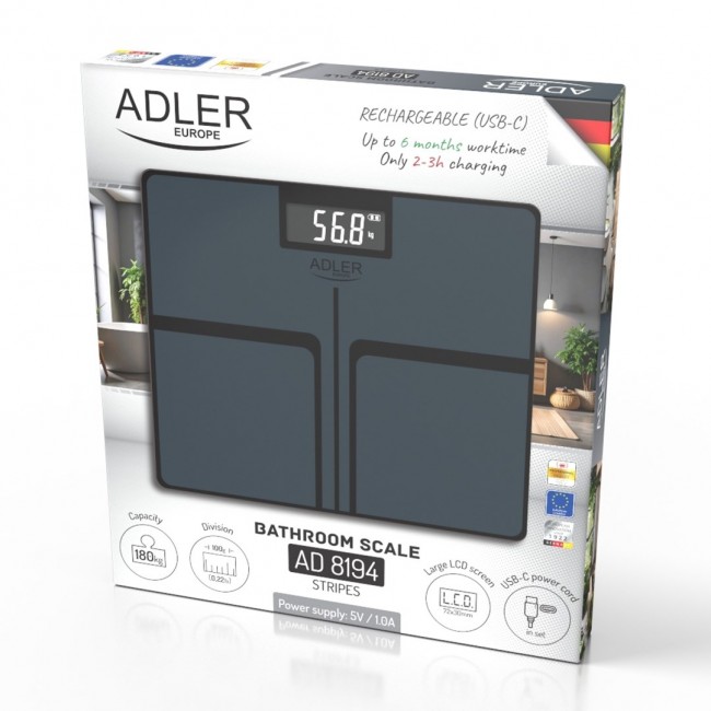 Bathroom scale ADLER AD 8194s STRIPES rechargeable USB-C Black