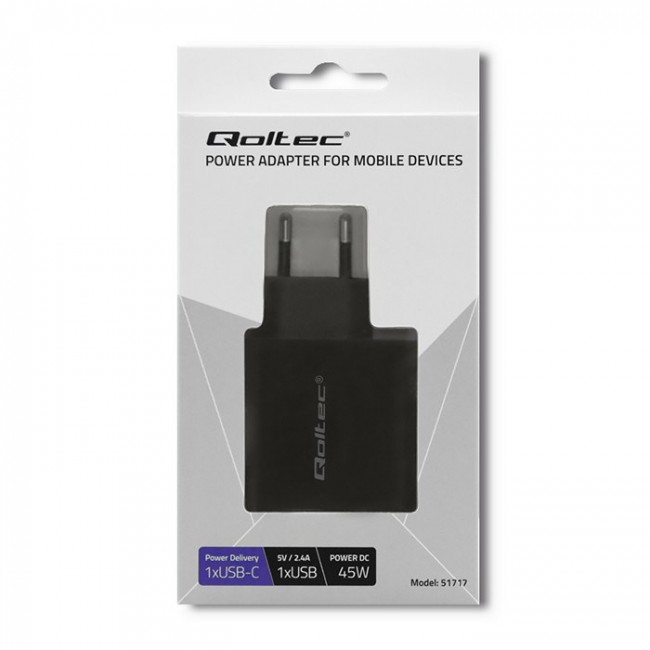 Qoltec 51717 Charger | 45W | 5-20V | 2.25-3A | USB type C PD | USB | Black Qoltec 51717 Charger | 45W | 5-20V | 2.25-3A | USB type C PD | USB | Black