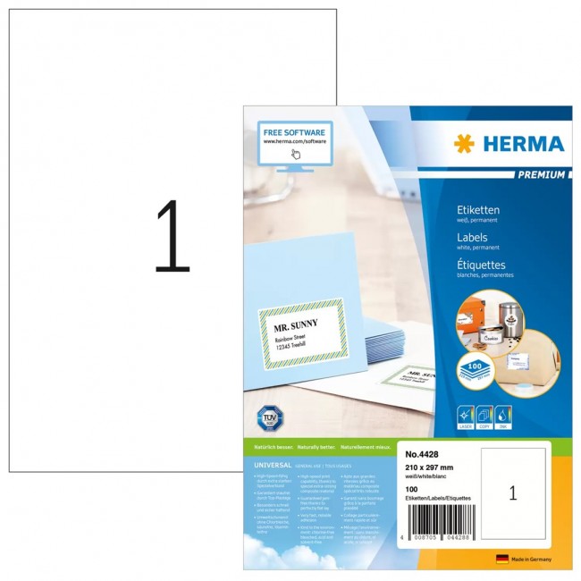 HERMA Labels Premium A4 210x297 mm white paper matt 100 pcs. HERMA Labels Premium A4 210x297 mm white paper matt 100 pcs.