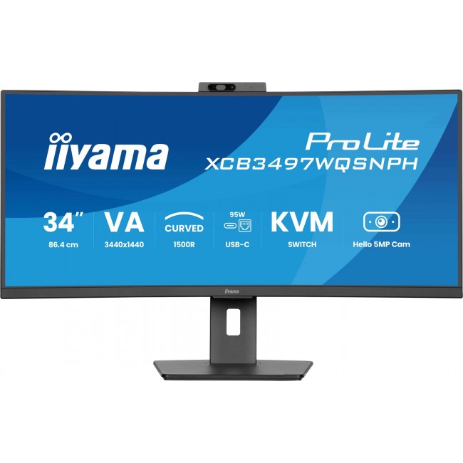 iiyama ProLite 34 VA UWQHD curved monitor with a built-in Windows Hello camera and microphone, USB-C Dock, LAN, KVM-Switch and 15cm height adjustable stand