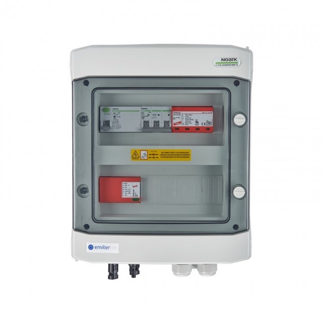Switchgear attached DCAC hermetic IP65 EMITTER with DC surge arrester Dehn 1000V type 1+2, 1 x PV string, 1 x MPPT // og. AC Dehn type 1+2, 10A 3-F, RCD type A 40A/300mA