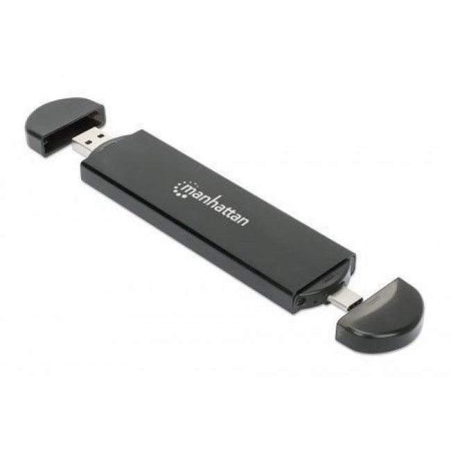 Manhattan M.2 NVMe and SATA SSD Enclosure, USB-C & USB-A Male Connection, Up to 10 Gbps (USB 3.2 Gen2 aka USB 3.1), For 2230/2242/2260/2280 SSDs with M Key or B+M Key, SuperSpeed+ USB, Aluminum, Black, Three Year Warranty Manhattan M.2 NVMe and SATA SSD Enclosure, USB-C & USB-A Male Connection, Up to 10 Gbps (USB 3.2 Gen2 aka USB 3.1), For 2230/2242/2260/2280 SSDs with M Key or B+M Key, SuperSpeed+ USB, Aluminum, Black, Three Year Warranty