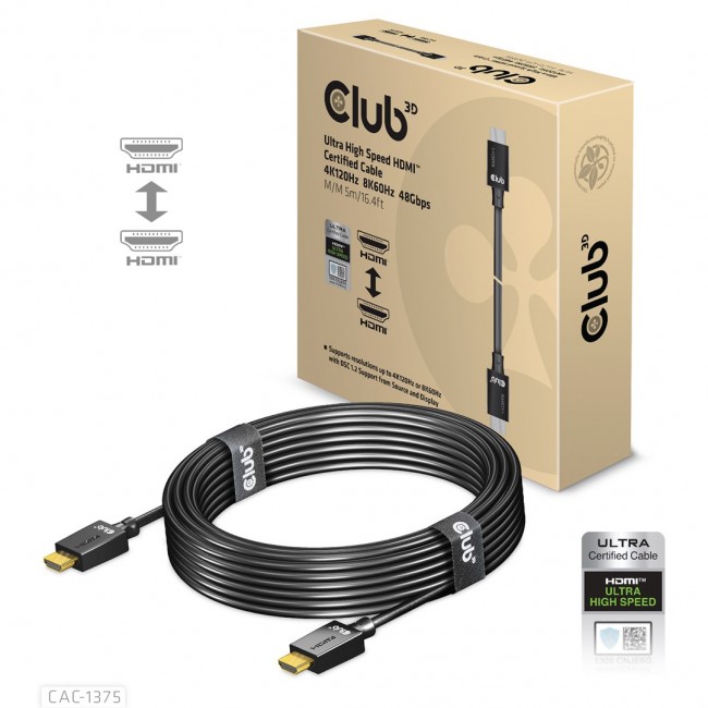 CLUB3D Ultra High Speed HDMI Certified Cable 4K120Hz 8K60Hz 48Gbps M/M 5m/16.4ft CLUB3D Ultra High Speed HDMI Certified Cable 4K120Hz 8K60Hz 48Gbps M/M 5m/16.4ft