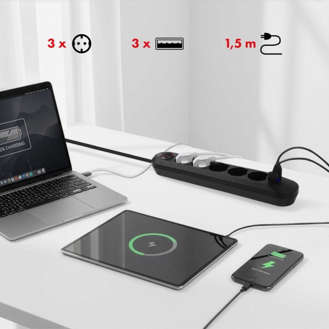 Maclean power strip, 5 socket extension cable + 3xUSB, 110-240V AC 50/60Hz, 2.1A max 2500W, 1.5m, black, MCE395 B Maclean power strip, 5 socket extension cable + 3xUSB, 110-240V AC 50/60Hz, 2.1A max 2500W, 1.5m, black, MCE395 B