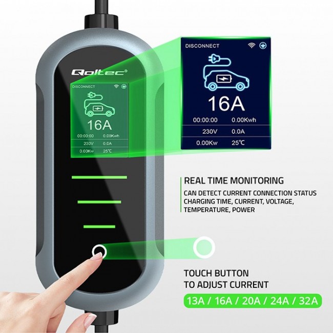 Qoltec Mobilna adowarka do samochodu elektrycznego EV i hybryd z regulacją 2w1 Typ2 | 7kW | 230V | CEE 32A | Wi-fi | TUYA | SMART LIFE | LCD | Przeno na | Wallbox | 5m