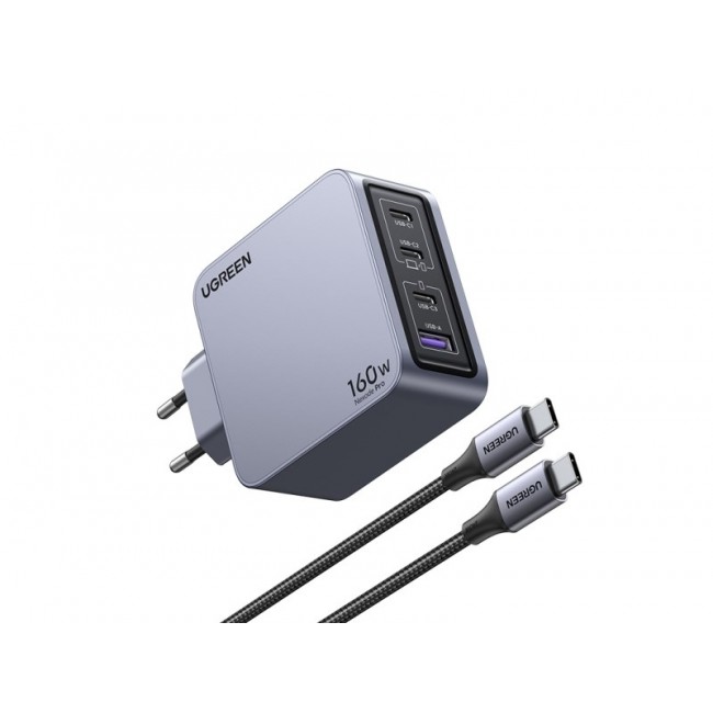 Ugreen Nexode Pro 160W GaN Charger with USB-C Cable Universal Black, Grey AC Fast charging Indoor