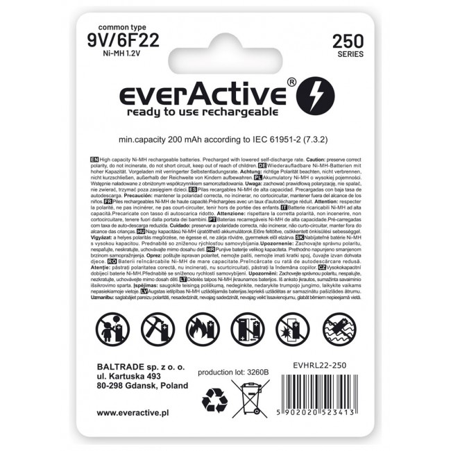 Rechargeable batteries everActive Ni-MH 6F22 9V 250 mAh Silver Line