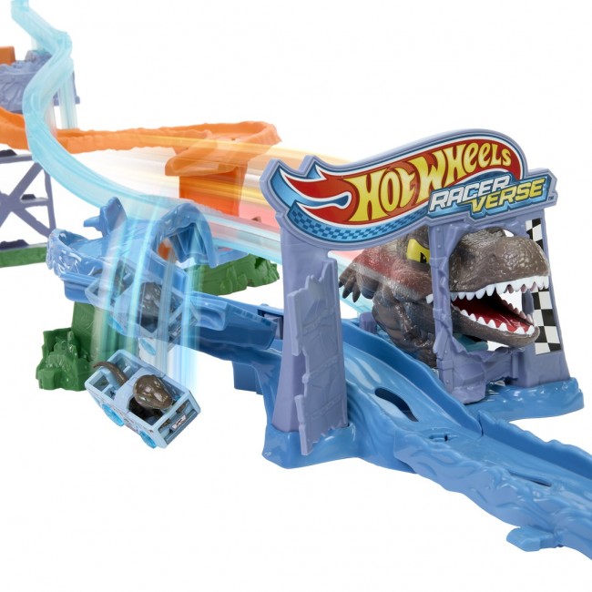 Hot Wheels RacerVerse Jurassic World Crash & Splash Track Set & Die-Cast Dinosaur Toy Car